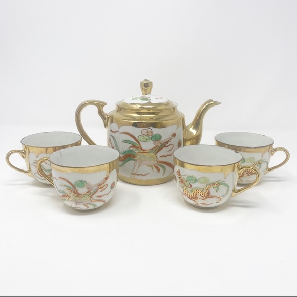 VINTAGE CHINESE DRAGON & PHOENIX GOLD TEAPOT SET
